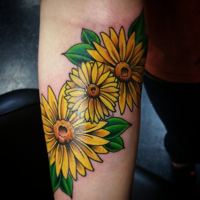 Yellow Daisy Flowers Tattoo Design For Forearm