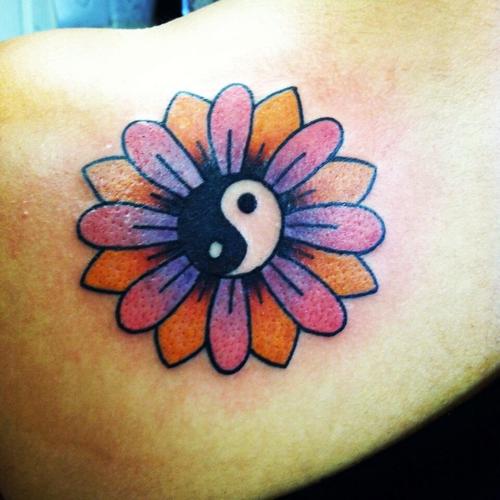 Yin Yang Daisy Flower Tattoo On Left Back Shoulder