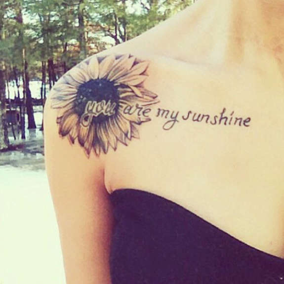You Are My Sunshine - Daisy Flower Tattoo On Front Shoulder