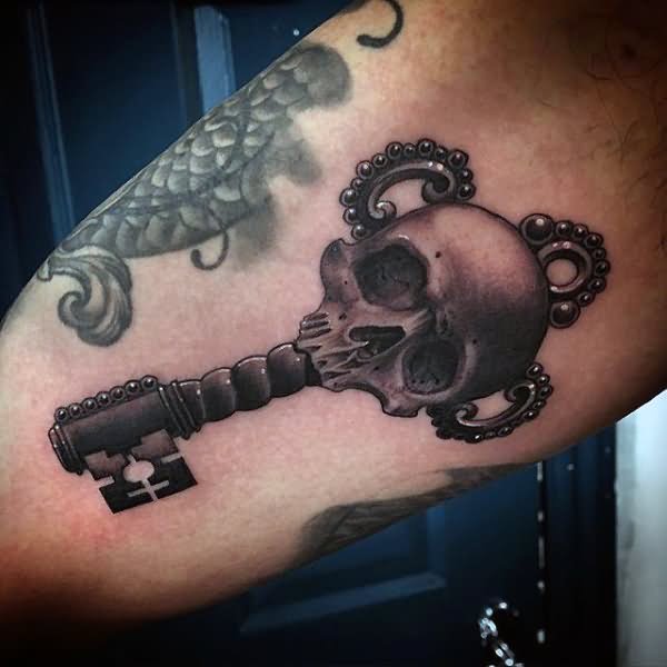 3D Black Ink Skull Key Tattoo Design