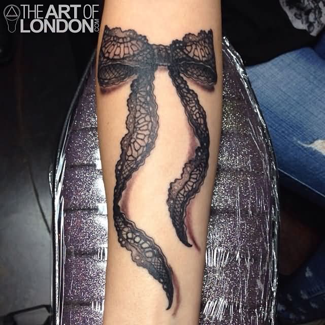 3D Black Lace Ribbon Bow Tattoo On Forearm