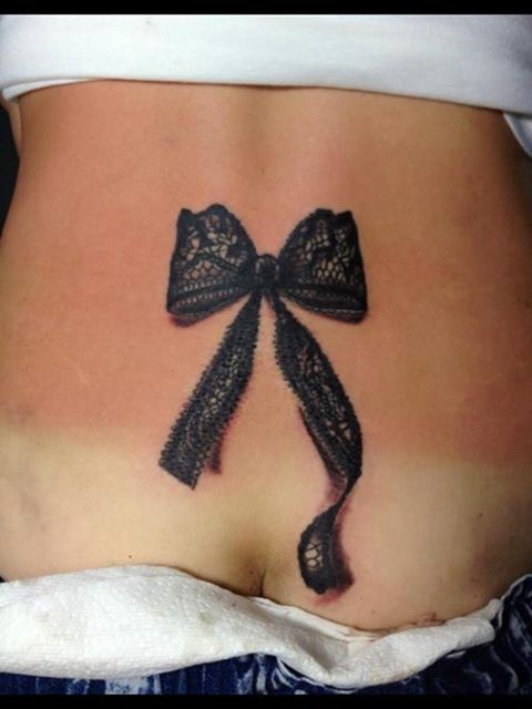 3D Black Lace Ribbon Bow Tattoo On Lower Back