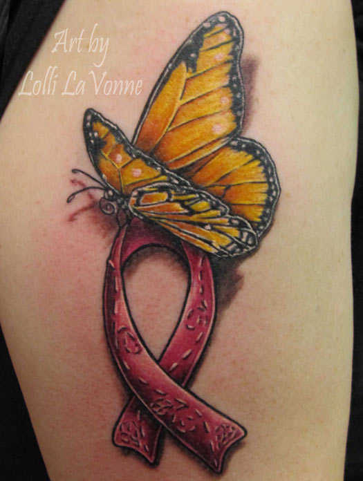 3D Butterfly With Cancer Ribbon Tattoo Design