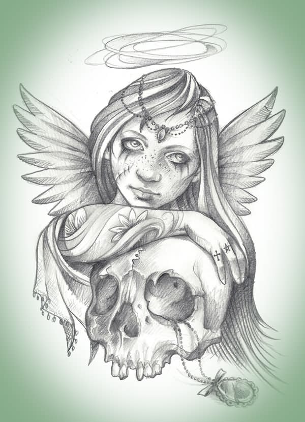 3D Death Skull With Angel Tattoo Design