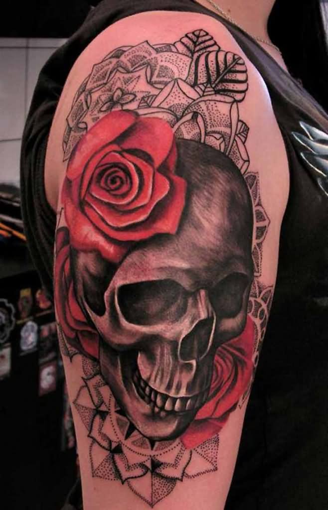 3D Death Skull With Roses Tattoo On Right Half Sleeve