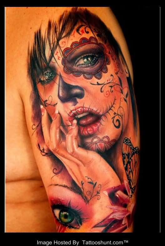3D Dia De Los Muertos Girl Face Tattoo Design For Half Sleeve