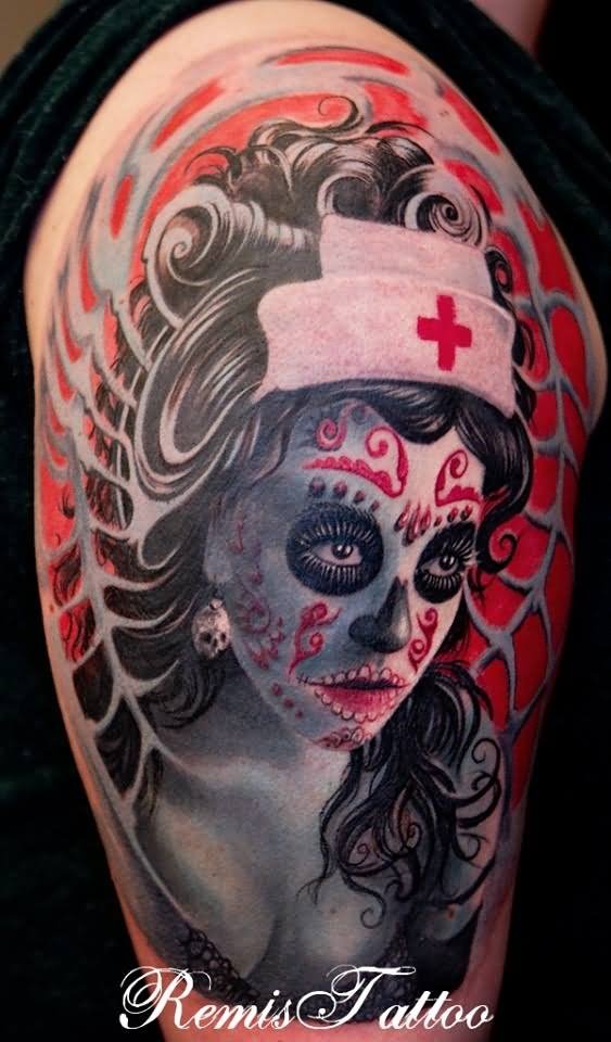 3D Dia De Los Muertos Girl Face Tattoo On Right Half Sleeve