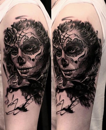 3D Dia De Los Muertos Girl Face Tattoo On Shoulder