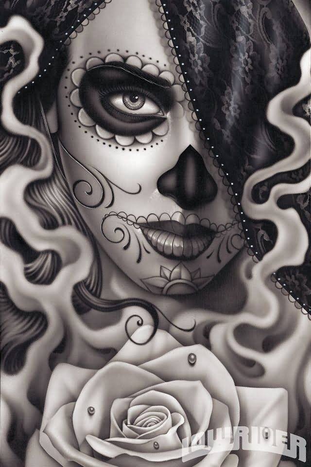 3D Dia De Los Muertos Girl Face With Rose Tattoo Design