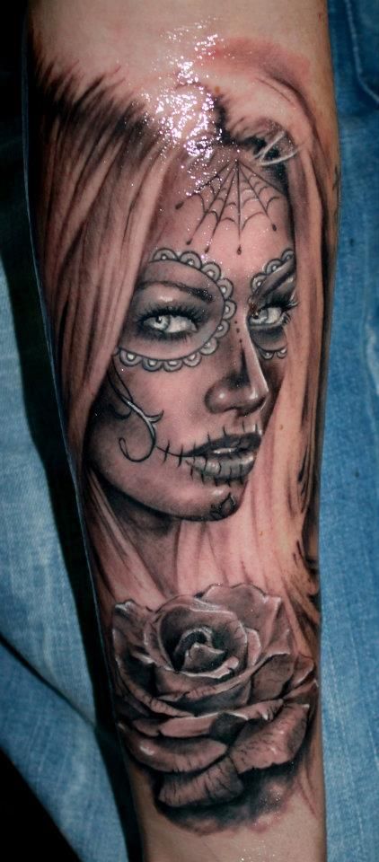 3D Dia De Los Muertos Girl Face With Rose Tattoo On Forearm