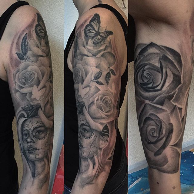 3D Dia De Los Muertos Girl Face With Roses And Butterfly Tattoo On Half Sleeve