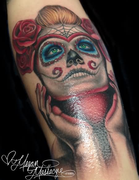 3D Dia De Los Muertos Pin Up Girl Face Tattoo Design For Arm