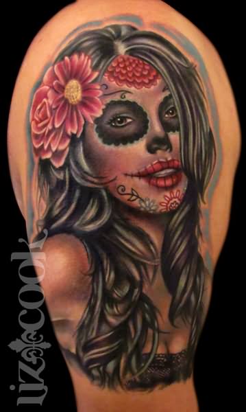 3D Dia De Los Muertos Pin Up Girl Face Tattoo Design For Sleeve