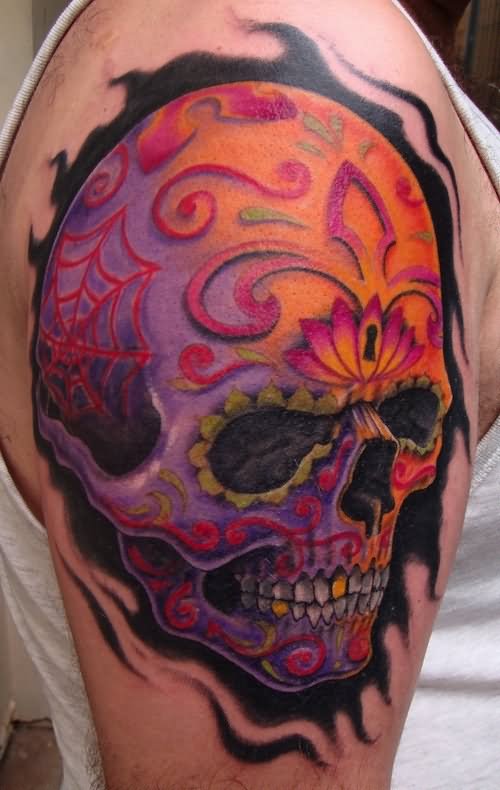 3D Dia De Los Muertos Skull Tattoo On Right Half Sleeve