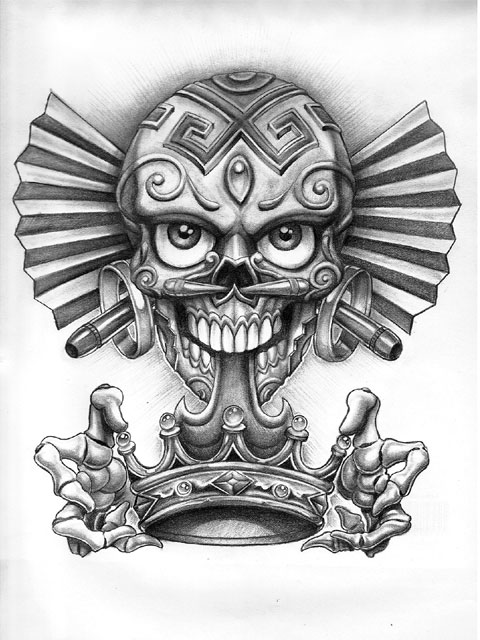3D Dia De Los Muertos Skull With Crown Tattoo Design