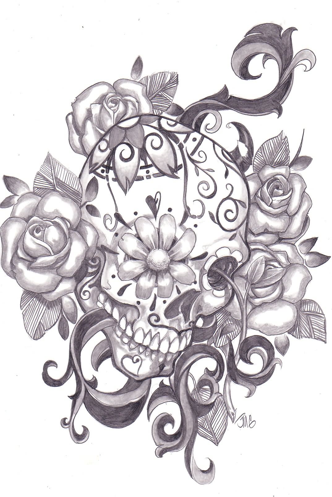 3D Dia De Los Muertos Skull With Flowers Tattoo Design