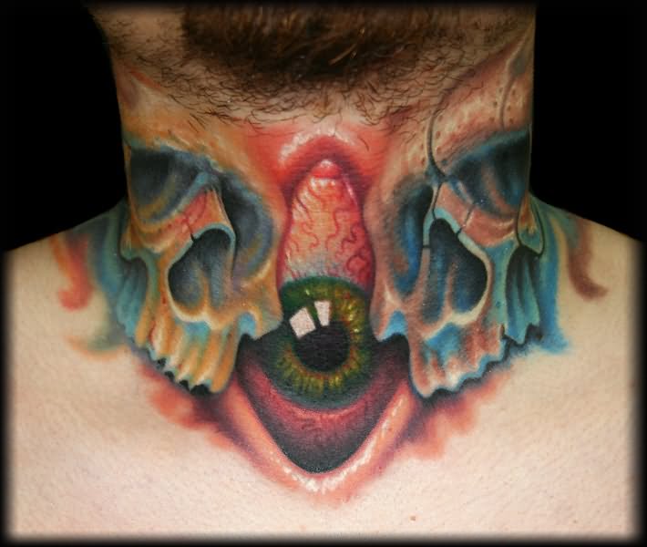 3D Eye With Skulls Tattoo On Man Neck