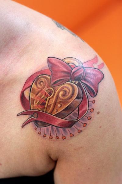 3D Heart Lock With Ribbon Bow Tattoo On Shoulder