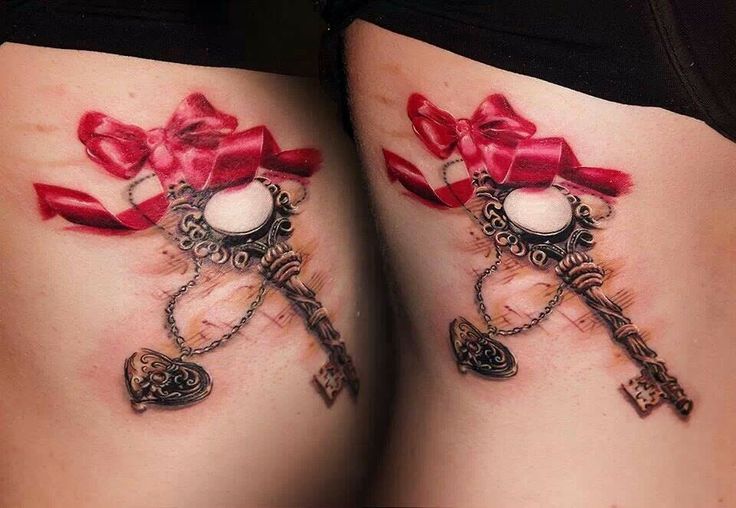 3D Key With Ribbon Bow And Rosary Heart Tattoo Design