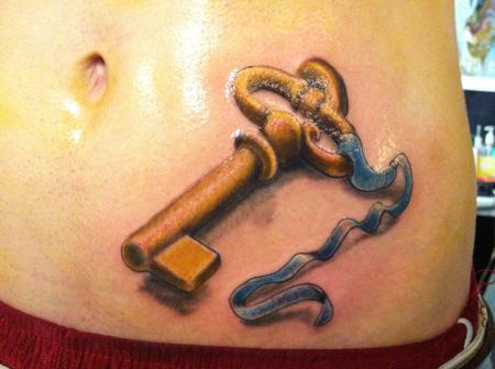 3D Key With Ribbon Tattoo On Stomach