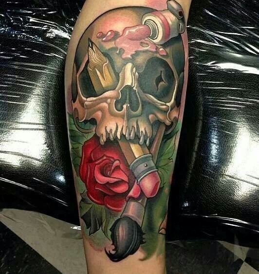 3D Paintbrush And Pencil In Skull With Rose Tattoo Design