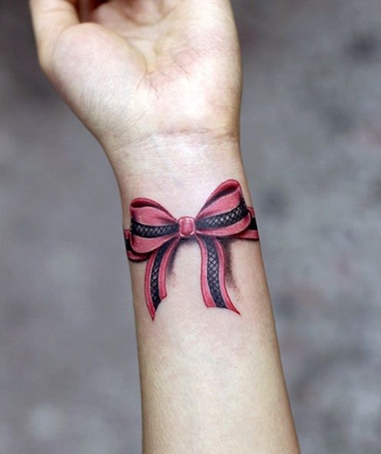3D Pink Lace Ribbon Bow Tattoo On Wrist