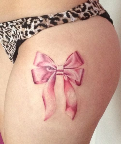 3D Pink Ribbon Bow Tattoo On Side Thigh