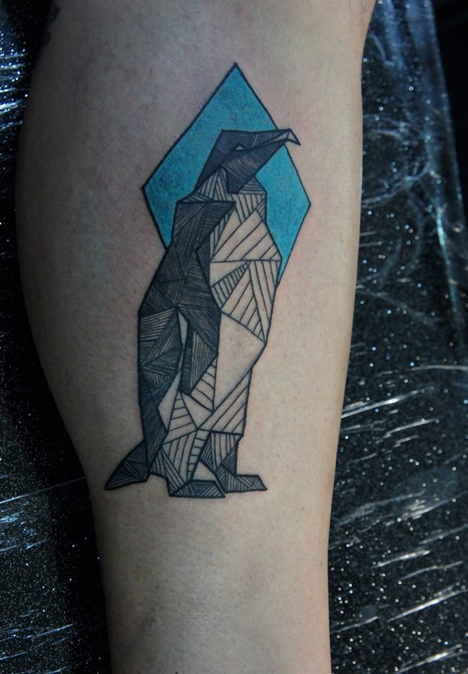 Abstract Penguin Tattoo On Leg