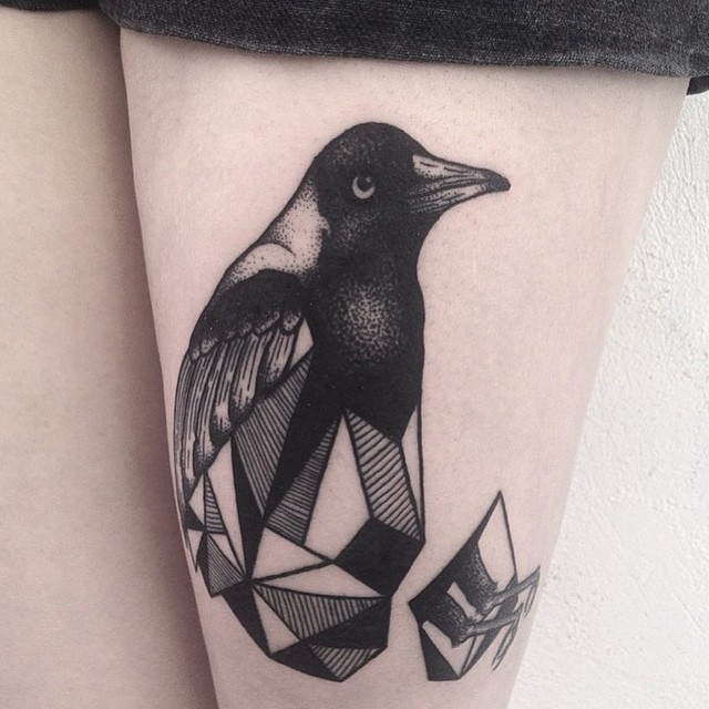 Abstract Penguin Tattoo On Thigh