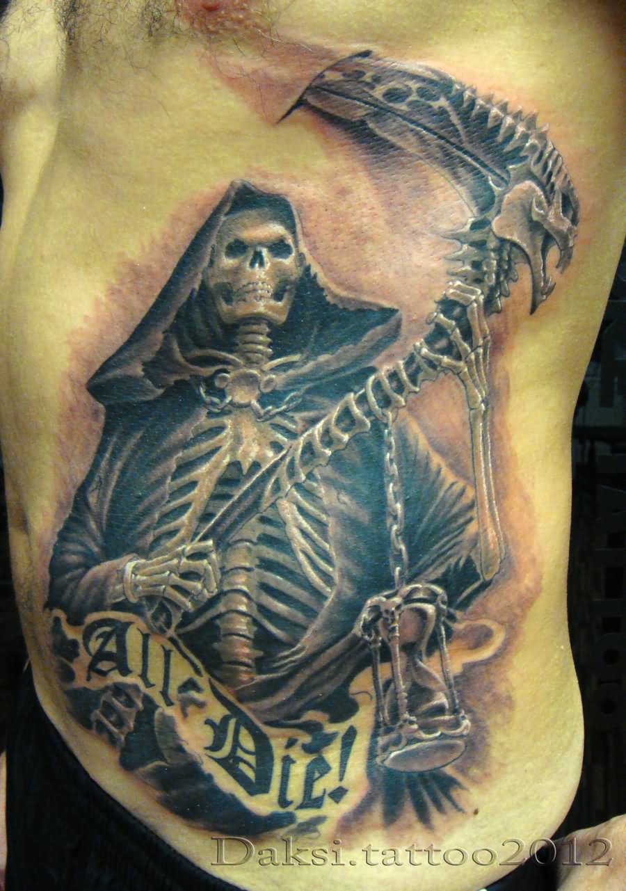All Die – 3D Grim Reaper Death Tattoo On Side Rib By Dusan