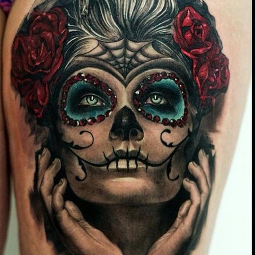 Amazing 3D Dia De Los Muertos Girl Face Tattoo Design