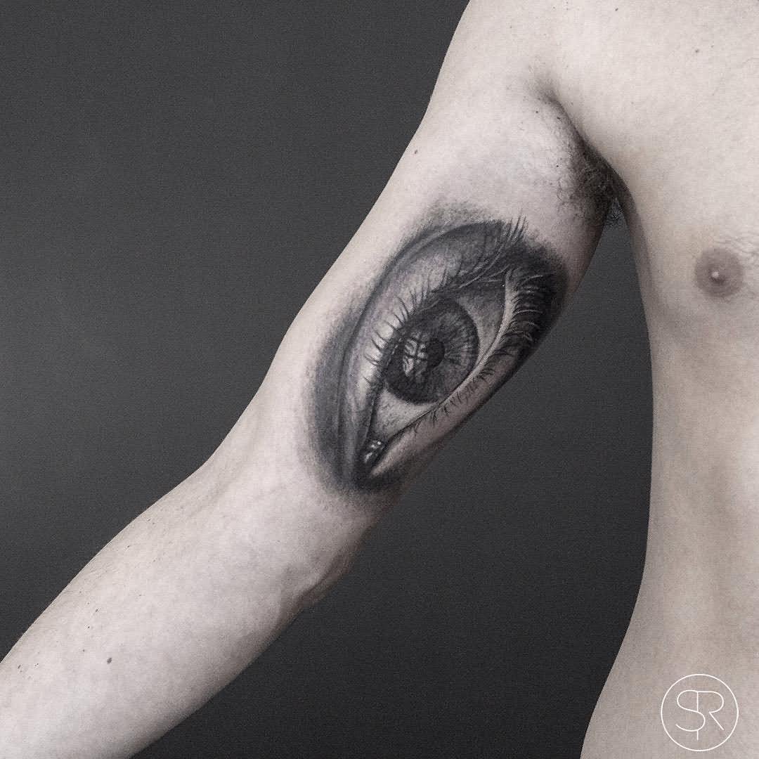 Amazing Black And Grey 3D Eye Tattoo Design For Arm