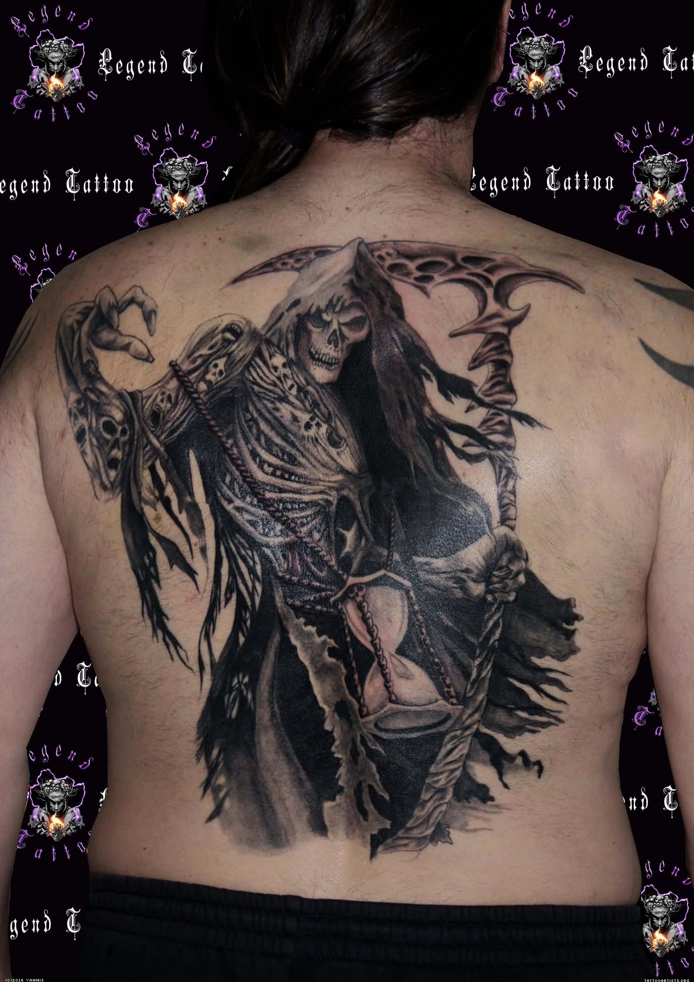 Amazing Black Ink Death Grim Reaper Tattoo On Full Back