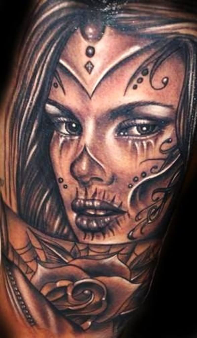 Amazing Black Ink Dia De Los Muertos Pin Up Girl Face Tattoo Design