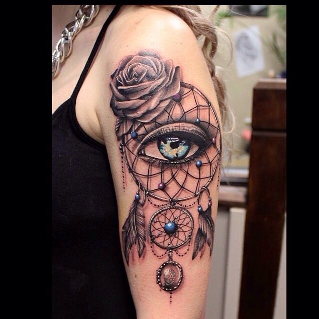 Amazing Eye In Dreamcatcher With Rose Tattoo On Left Half Sleeve