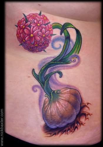 Amazing Garlic With Flowers Tattoo Design