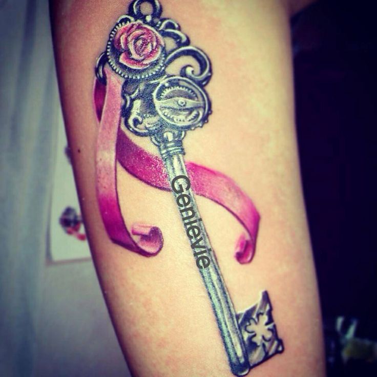 Amazing Key With Ribbon And Rose Tattoo Design