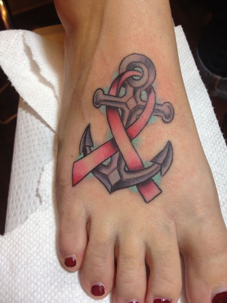 Anchor With Cancer Ribbon Tattoo On Girl Foot