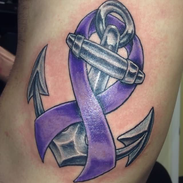 Anchor With Purple Cancer Ribbon Tattoo Design For Side Rib