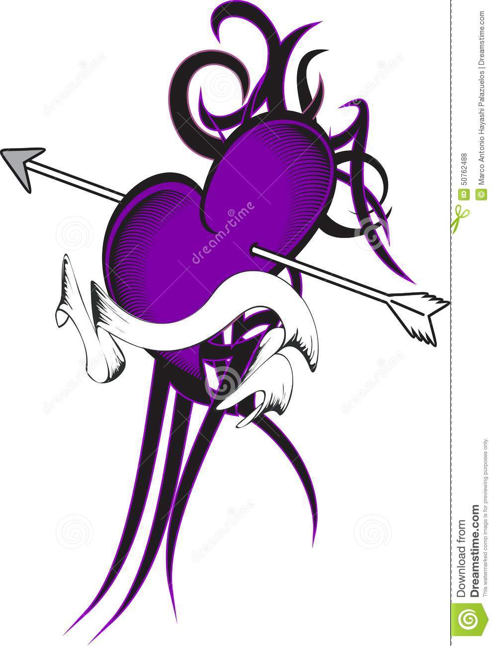 Arrow In Purple Heart With Ribbon Tattoo Design