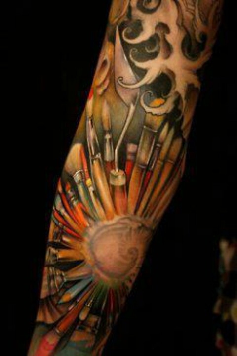 Attractive Paintbrush And Pencil Tattoo Design For Full Sleeve