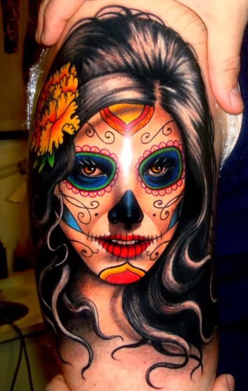 Awesome Colorful Dia De Los Muertos Girl Face Tattoo Design