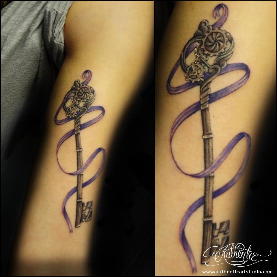 Awesome Key With Purple Ribbon Tattoo On Half Sleeve