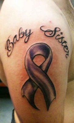Baby Sister - Purple Cancer Ribbon Tattoo On Right Shoulder