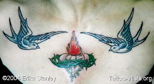Barbed Garlic With Two Flying Birds Tattoo On Girl Collarbone