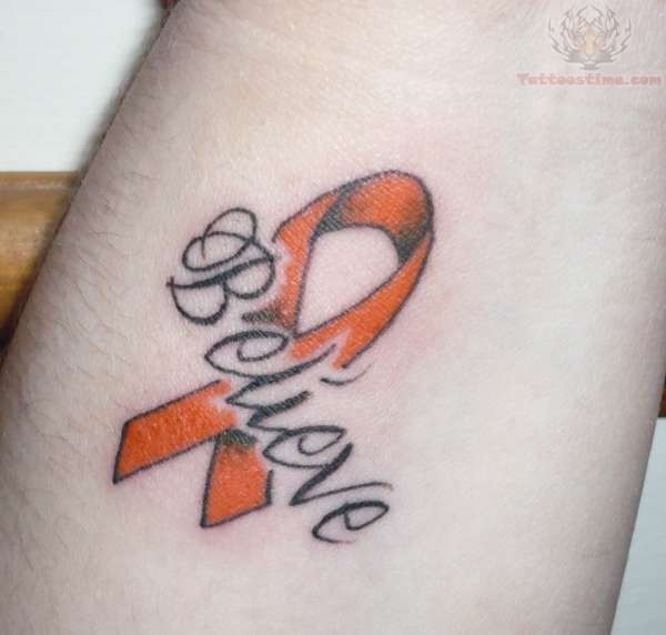 Believe - Cancer Ribbon Tattoo Design For Arm