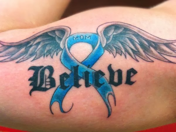 Believe - Cancer Ribbon With Wings Tattoo Design For Bicep
