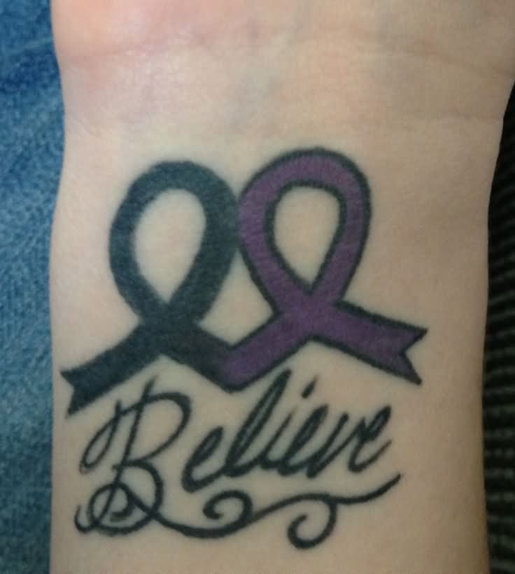 Believe - Purple Ribbon Tattoo Design For Wrist