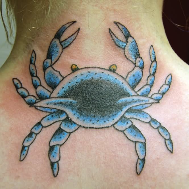 Black And Blue Ink Crab Tattoo On Girl Nape