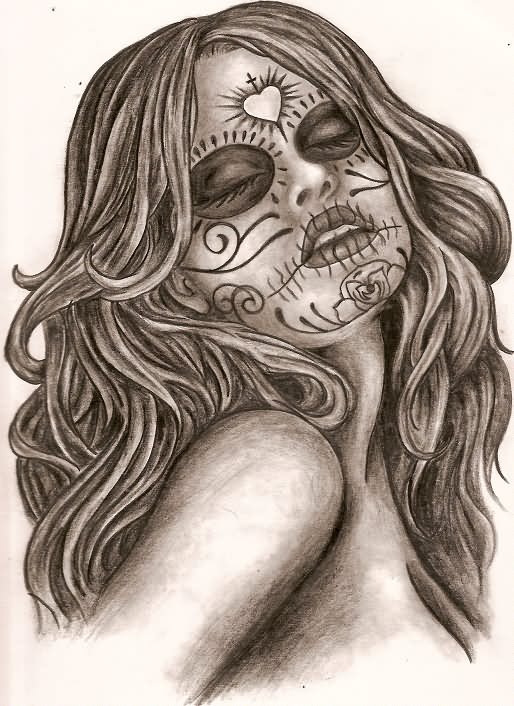 Black And Gery Dia De Los Muertos Pin Up Girl Tattoo Design